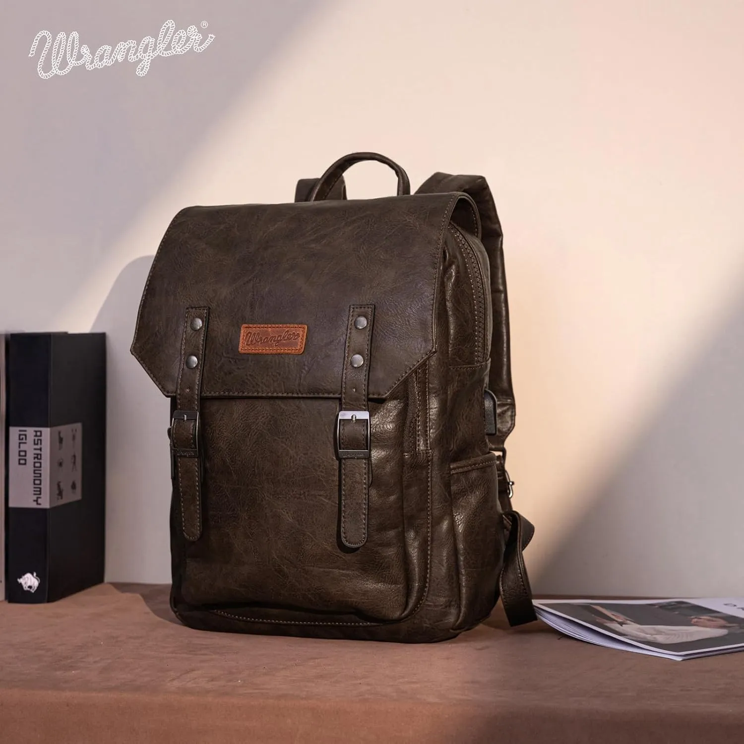 × Wrangler Leather Backpack Purse Laptop Backpack for Men and Women Unisex Fashion Backpack Coffee WG98-043CF