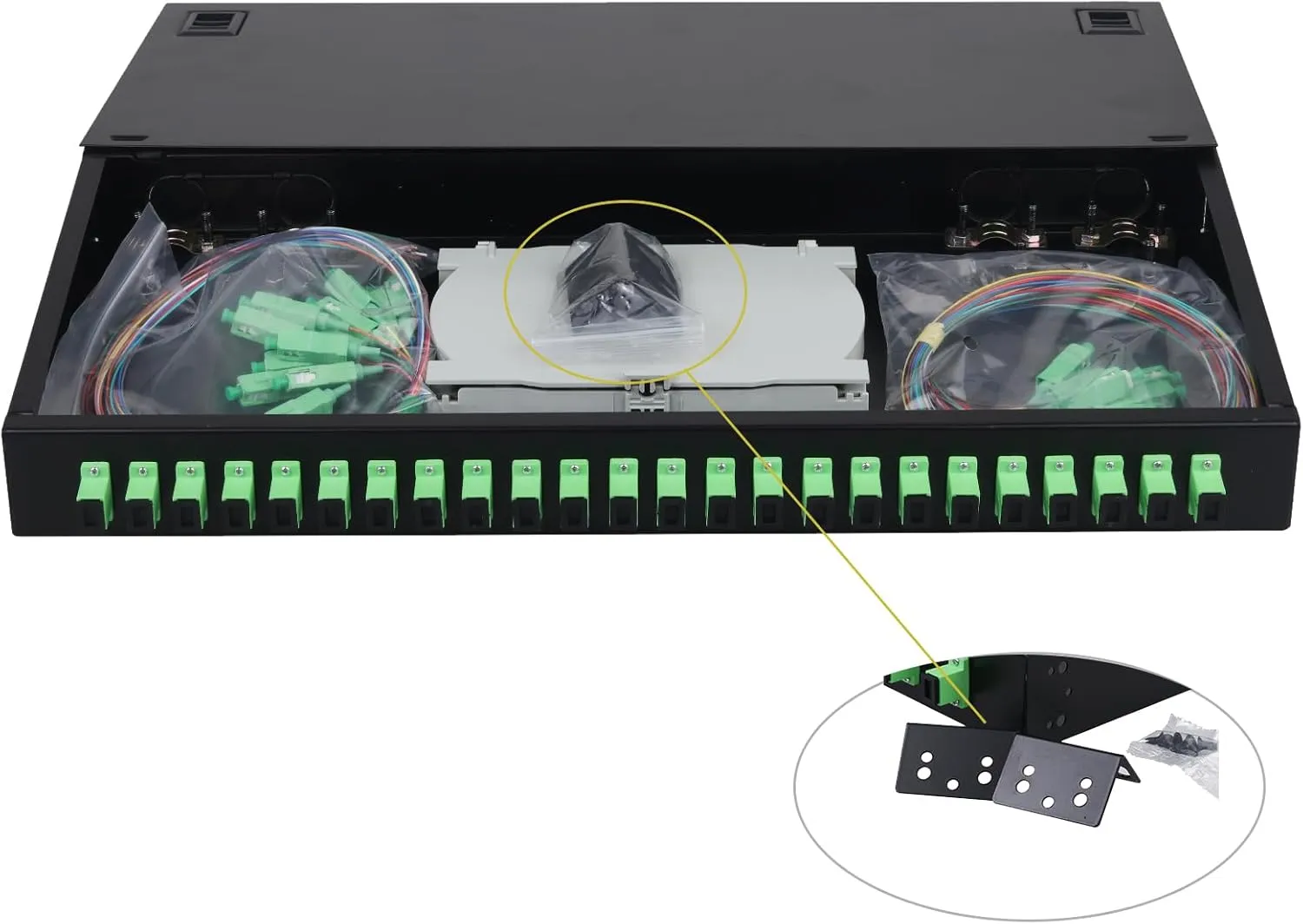 1 Pack 24 Singlemode 24 Port SC-APC Rack Mount Enclosure Box & Splice Trays Fiber Cables Kit (Include Pigtail & Couplers), 24 Core LGX Loaded Patch Panel Box fits for 19" Racks Cabinet