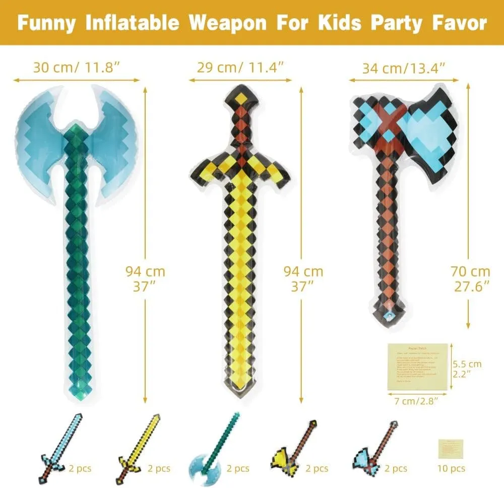 10 Pack Large Inflatable Pixel Weapon Bulk For Kids Reusable Swords Axes Hatchets Inflatable Weapons Party Favor Game Toy With Repair Patch For Birthday, Halloween, Pool Theme Party Supplies