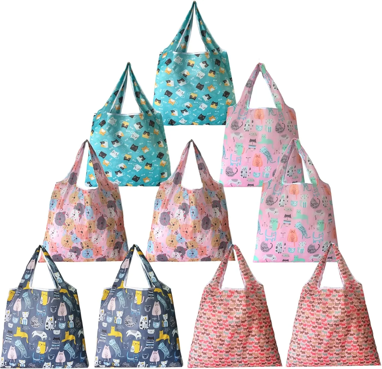 10 Pack Reusable Grocery Bags, Machine Washable Foldable Shopping Bags Sturdy Lightweight Nylon Bags