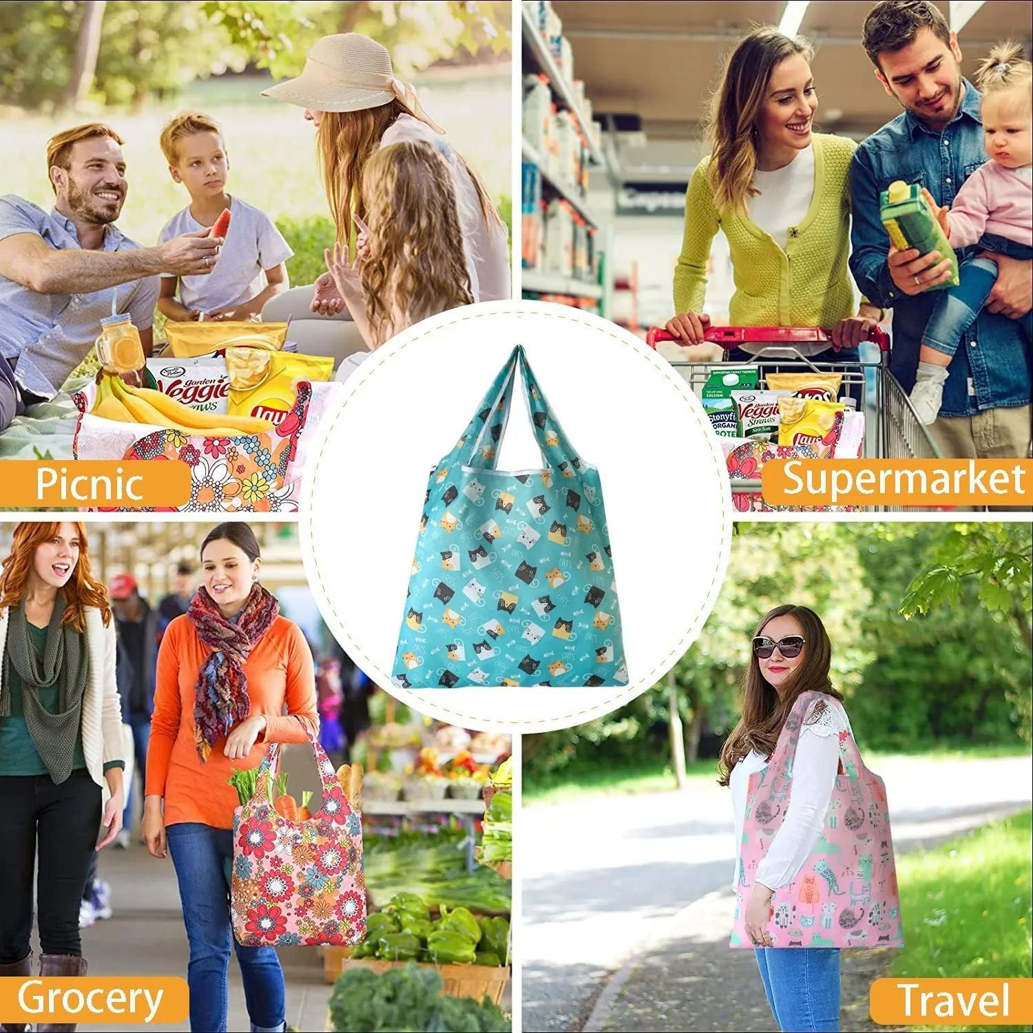 10 Pack Reusable Grocery Bags, Machine Washable Foldable Shopping Bags Sturdy Lightweight Nylon Bags