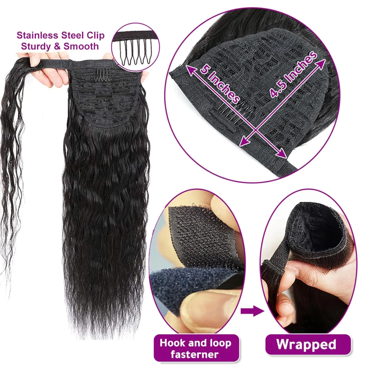 100% Real Human Hair Ponytail Wrap Around Hair Extensions Water Wave, Magic Paste Natural Wavy Deep Curly Ponytail for Black Women (12 Inch)
