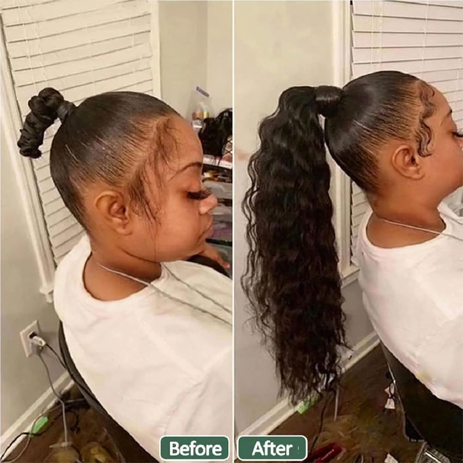 100% Real Human Hair Ponytail Wrap Around Hair Extensions Water Wave, Magic Paste Natural Wavy Deep Curly Ponytail for Black Women (12 Inch)
