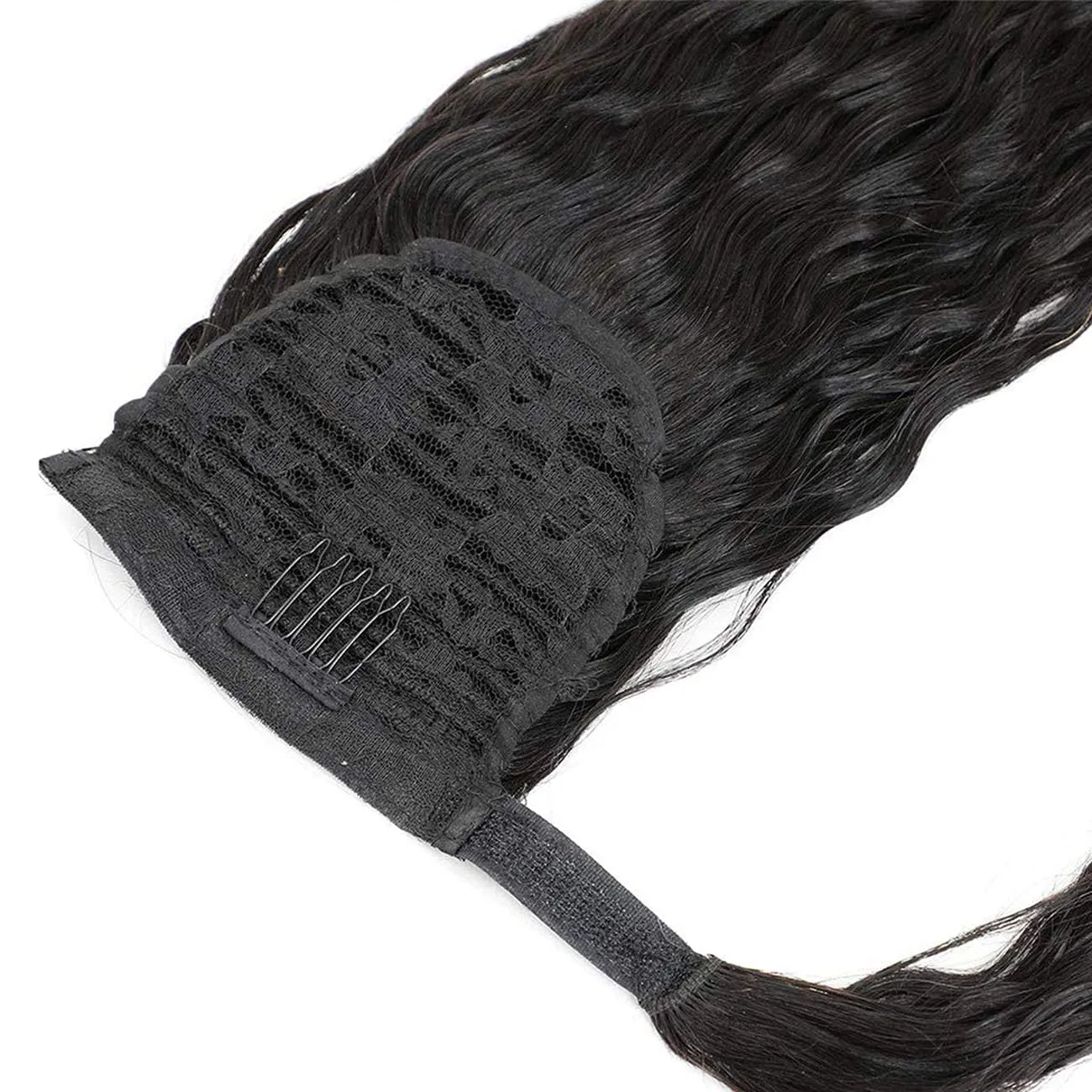 100% Real Human Hair Ponytail Wrap Around Hair Extensions Water Wave, Magic Paste Natural Wavy Deep Curly Ponytail for Black Women (12 Inch)