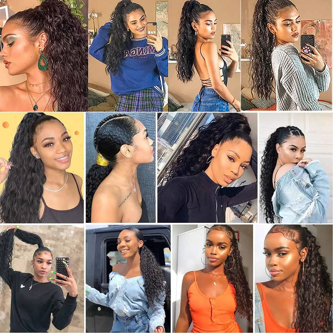 100% Real Human Hair Ponytail Wrap Around Hair Extensions Water Wave, Magic Paste Natural Wavy Deep Curly Ponytail for Black Women (12 Inch)