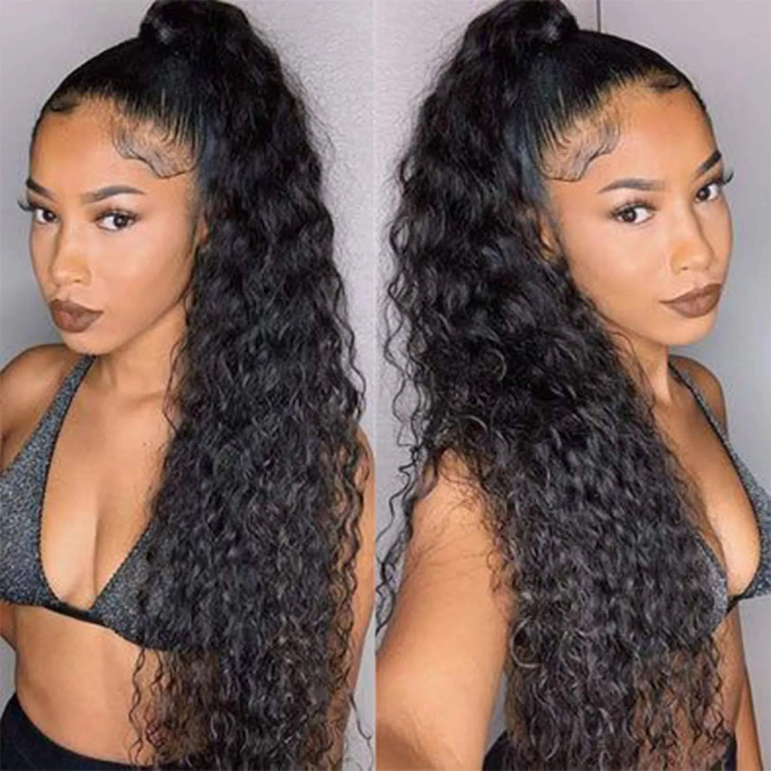 100% Real Human Hair Ponytail Wrap Around Hair Extensions Water Wave, Magic Paste Natural Wavy Deep Curly Ponytail for Black Women (12 Inch)
