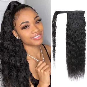 100% Real Human Hair Ponytail Wrap Around Hair Extensions Water Wave, Magic Paste Natural Wavy Deep Curly Ponytail for Black Women (12 Inch)
