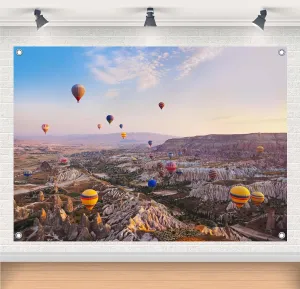 10x8ft Fabric Turkey Backdrop Banner Hot Air Balloon Flying Over Rocky Landscape Banner Background Cappadocia Sunrise Backdrop for Adventure Party Decorations Banner Photo Props