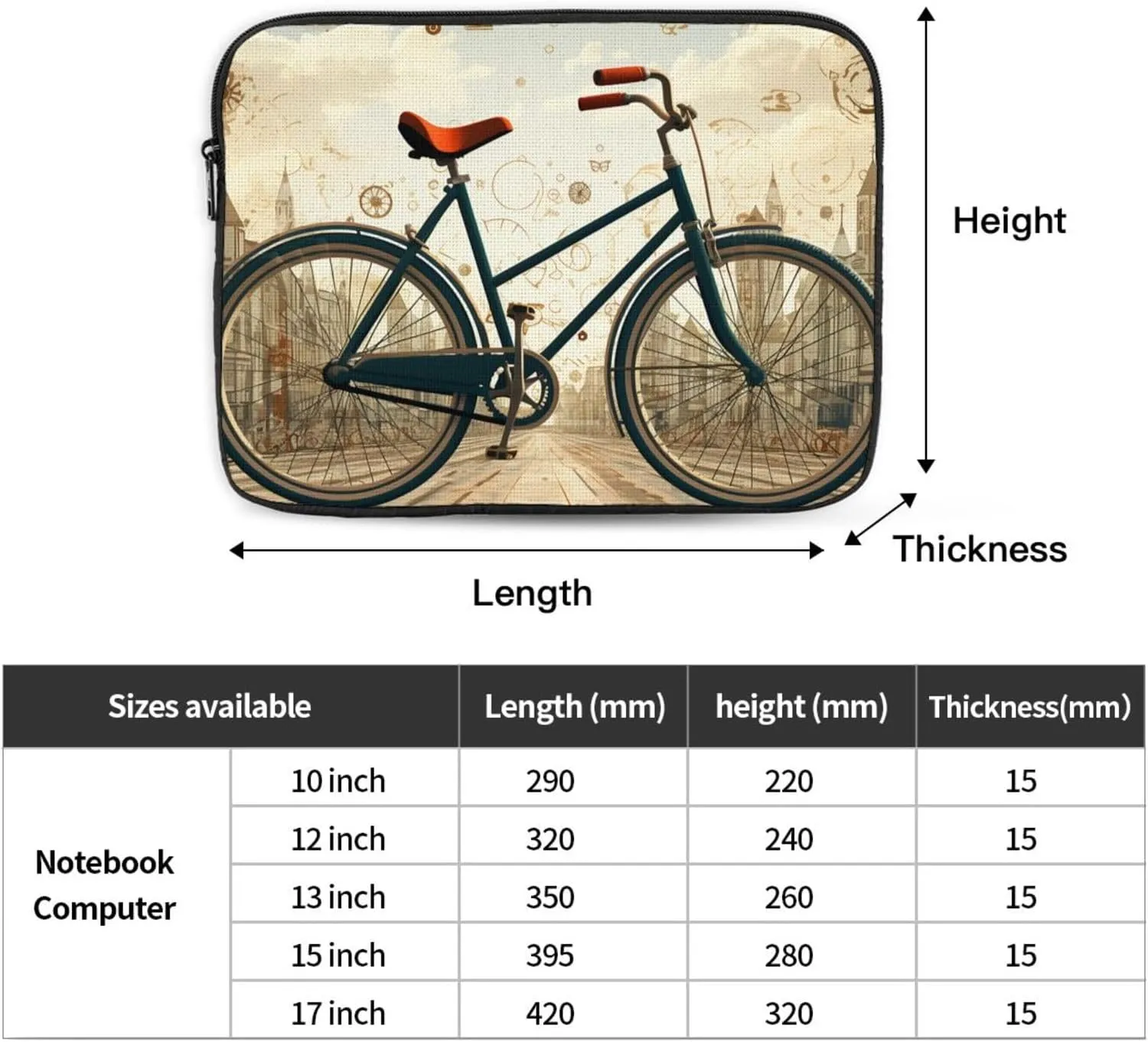 12 Inch Laptop Sleeve Bag Waterproof Shockproof Laptop Case Bag Retro Bicycle Computer Skin Bags Lightweight Tablet Carrying Case