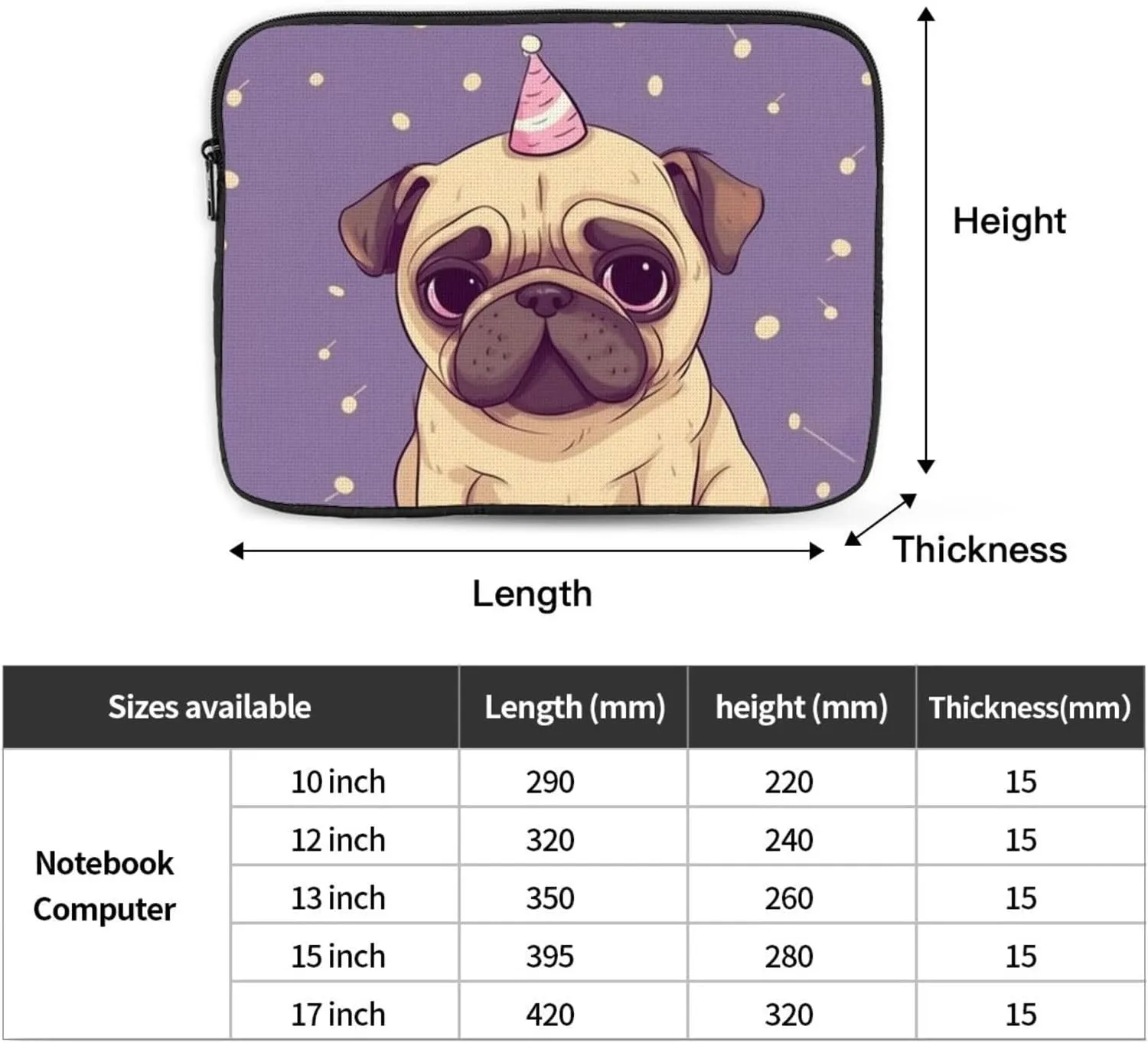 13 Inch Laptop Sleeve Bag Waterproof Shockproof Laptop Case Bag Funny Cartoon Pug Puppy Dog Computer Skin Bags Lightweight Tablet Carrying Case