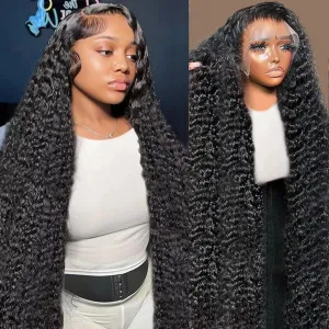 13x6 Deep Wave Lace Front Wigs Human Hair HD Full Lace Frontal Wigs Pre Plucked Bleached Knots 180% Density Deep Curly Human Hair Wig Natural Color 36 Inch