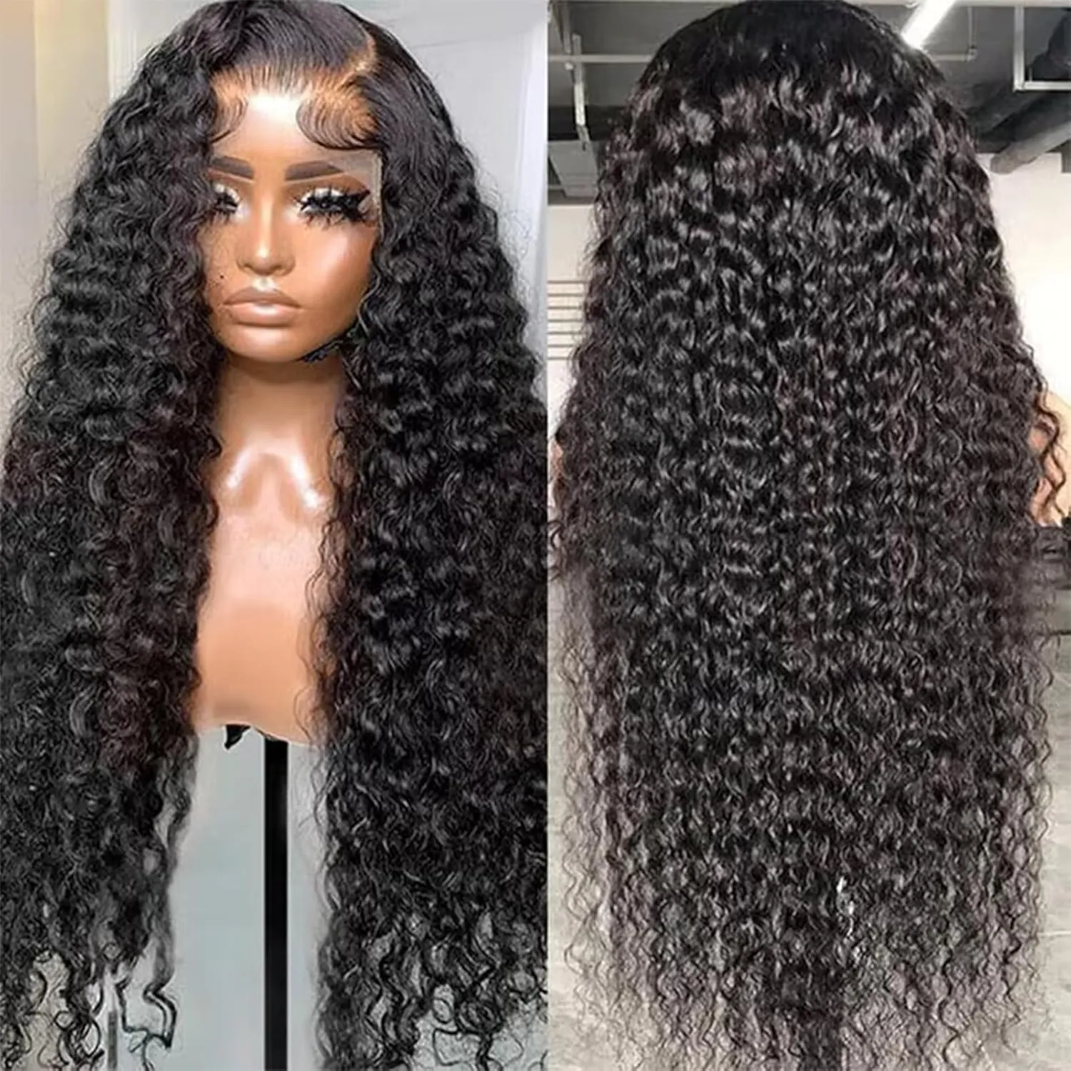 13x6 Deep Wave Lace Front Wigs Human Hair HD Full Lace Frontal Wigs Pre Plucked Bleached Knots 180% Density Deep Curly Human Hair Wig Natural Color 36 Inch