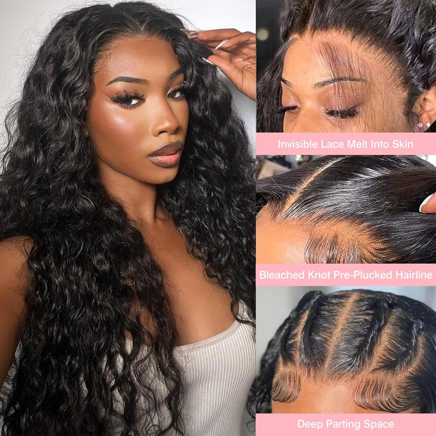 13x6 Deep Wave Lace Front Wigs Human Hair HD Full Lace Frontal Wigs Pre Plucked Bleached Knots 180% Density Deep Curly Human Hair Wig Natural Color 38Inch