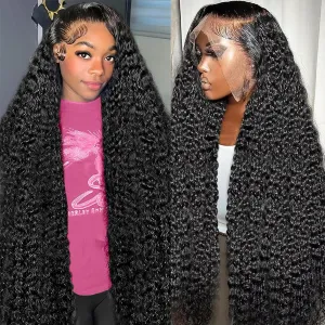 13x6 Deep Wave Lace Front Wigs Human Hair HD Full Lace Frontal Wigs Pre Plucked Bleached Knots 180% Density Deep Curly Human Hair Wig Natural Color 38Inch