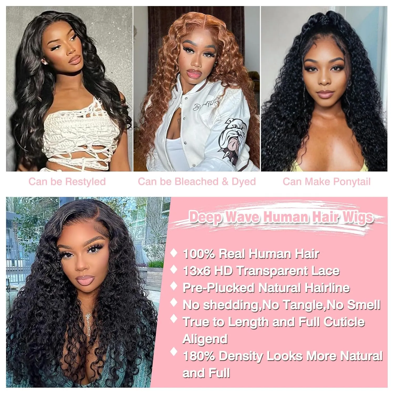 13x6 Deep Wave Lace Front Wigs Human Hair HD Full Lace Frontal Wigs Pre Plucked Bleached Knots 180% Density Deep Curly Human Hair Wig Natural Color 38Inch