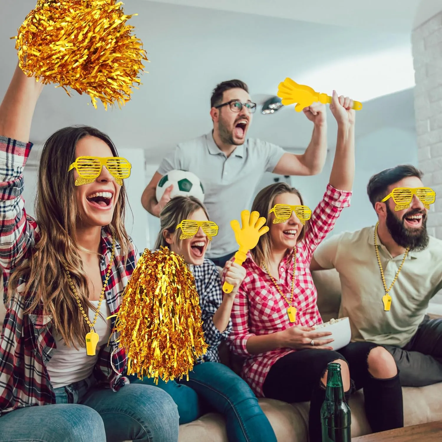 148 Pcs School Spirit Items Bulk Team Spirit Week Accessories Include Hand Clappers Noisemakers Whistles Cheerleading Pom Poms Shutter Glasses Eye Black Sticker for Sports