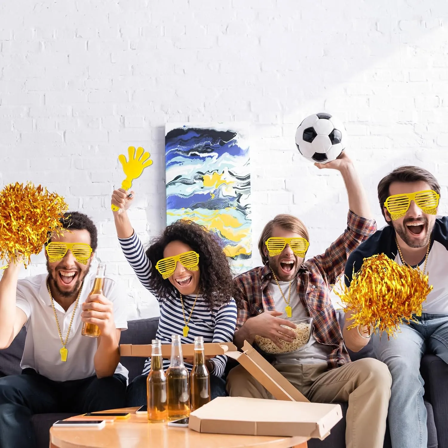148 Pcs School Spirit Items Bulk Team Spirit Week Accessories Include Hand Clappers Noisemakers Whistles Cheerleading Pom Poms Shutter Glasses Eye Black Sticker for Sports