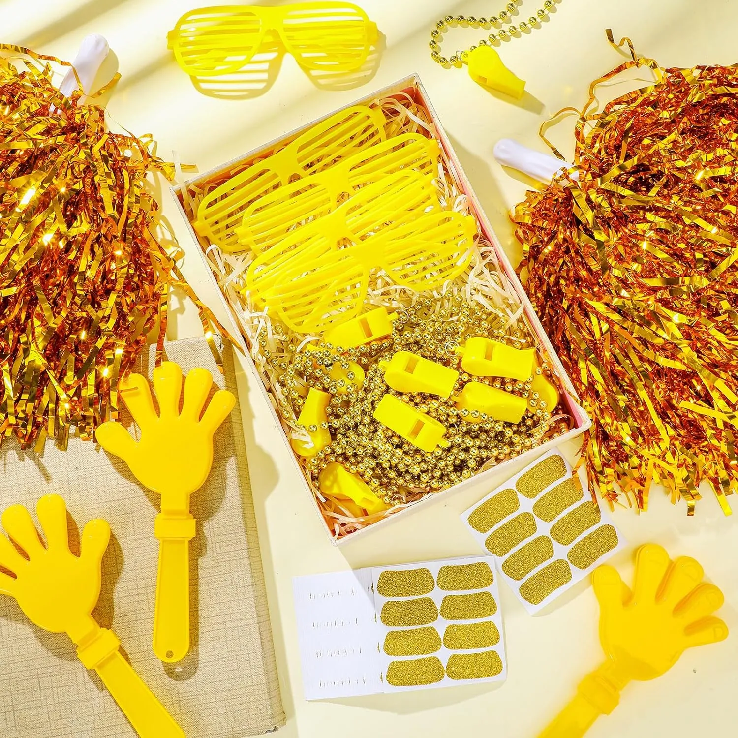 148 Pcs School Spirit Items Bulk Team Spirit Week Accessories Include Hand Clappers Noisemakers Whistles Cheerleading Pom Poms Shutter Glasses Eye Black Sticker for Sports