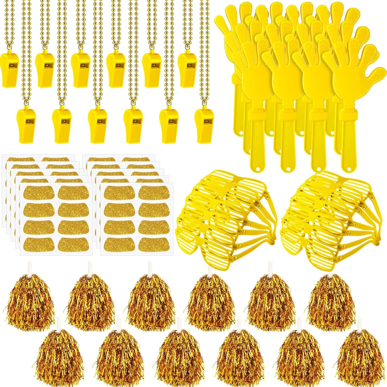 148 Pcs School Spirit Items Bulk Team Spirit Week Accessories Include Hand Clappers Noisemakers Whistles Cheerleading Pom Poms Shutter Glasses Eye Black Sticker for Sports