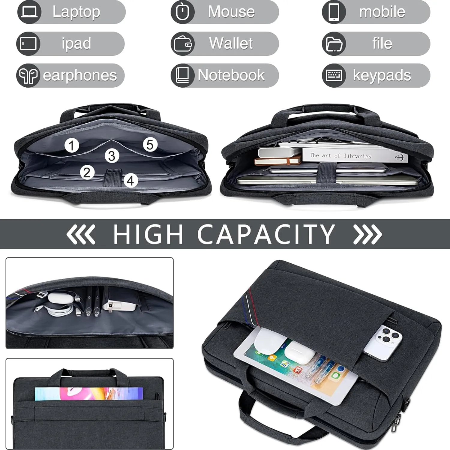 15 15.6 16 Inch Laptop Bag Briefcase Computer Shoulder Messenger Bag for Men Carrying Case Compatible with Dell HP Thinkpad Chromebook Notebook Gaming Laptop, Black Grey