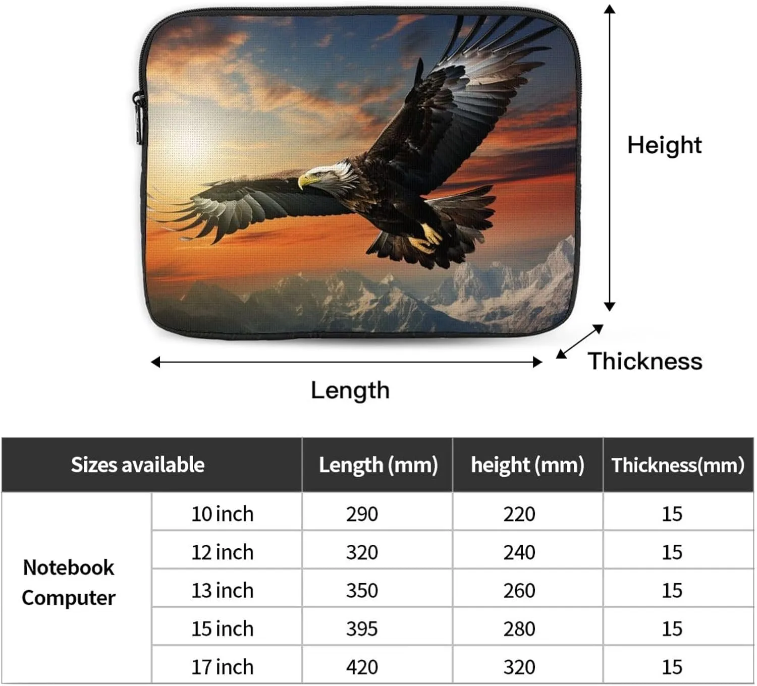 15 Inch Laptop Sleeve Bag Waterproof Shockproof Laptop Case Bag Eagle Flying in The Sky Computer Skin Bags Lightweight Tablet Carrying Case