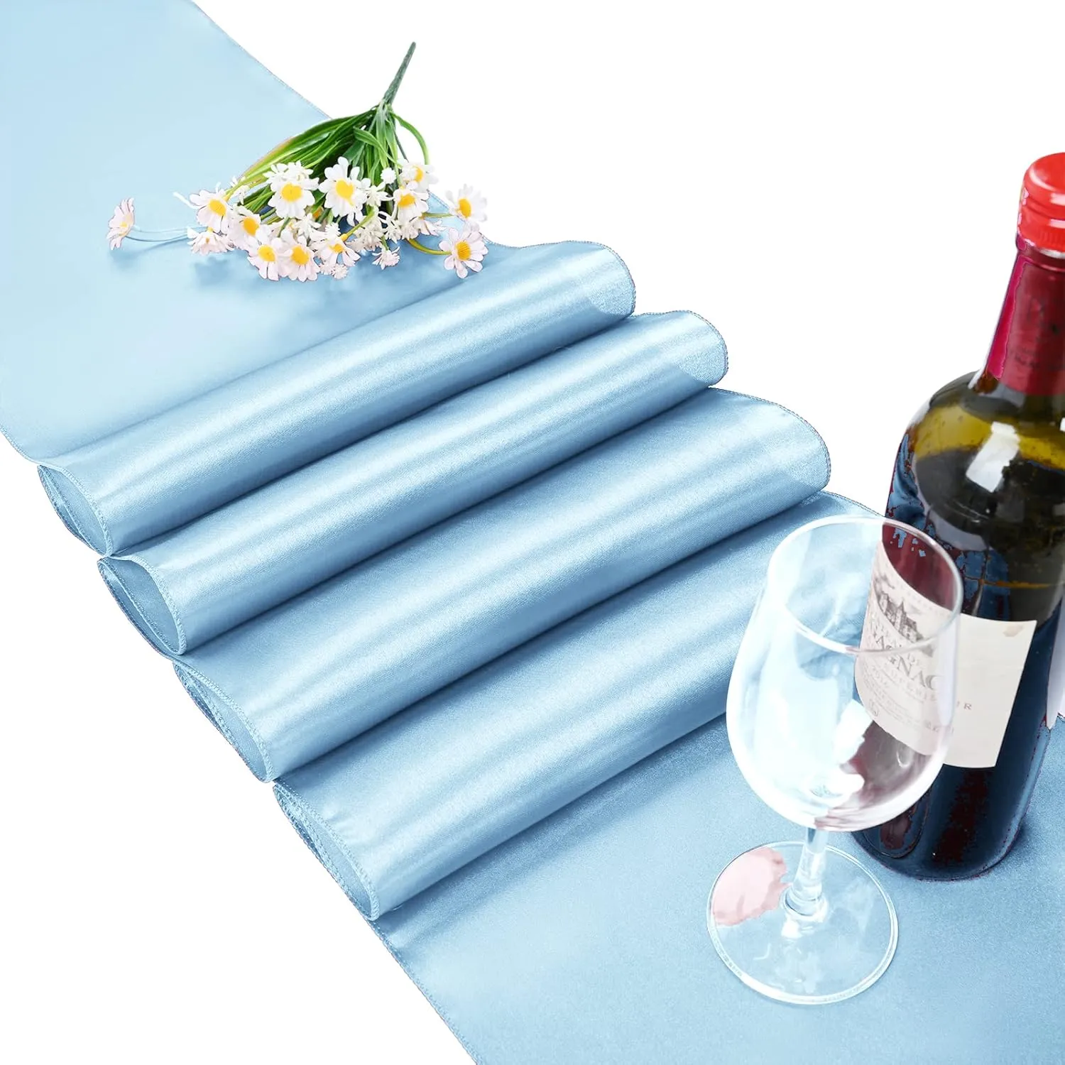 15 Pack Baby Blue Satin Table Runners 12 x 108 Inch Long Blue Table Runners for Rectangle Round Tables, Smooth Satin Table Runner for Wedding,Birthday Party Banquets Engagements Decoration