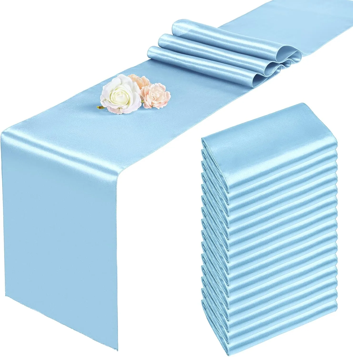 15 Pack Baby Blue Satin Table Runners 12 x 108 Inch Long Blue Table Runners for Rectangle Round Tables, Smooth Satin Table Runner for Wedding,Birthday Party Banquets Engagements Decoration