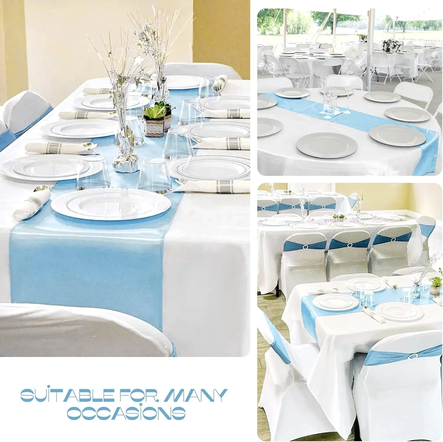 15 Pack Baby Blue Satin Table Runners 12 x 108 Inch Long Blue Table Runners for Rectangle Round Tables, Smooth Satin Table Runner for Wedding,Birthday Party Banquets Engagements Decoration