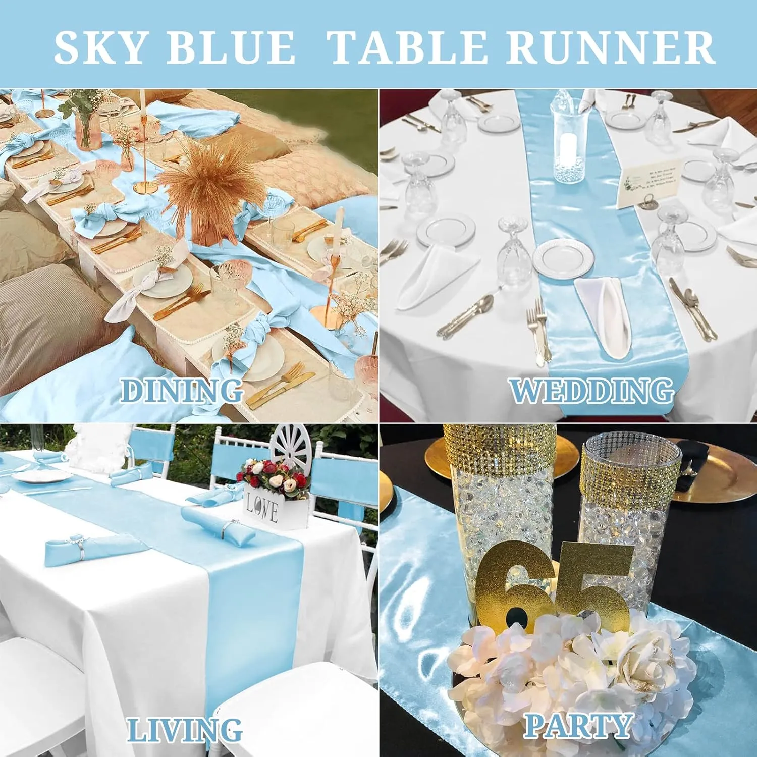 15 Pack Baby Blue Satin Table Runners 12 x 108 Inch Long Blue Table Runners for Rectangle Round Tables, Smooth Satin Table Runner for Wedding,Birthday Party Banquets Engagements Decoration