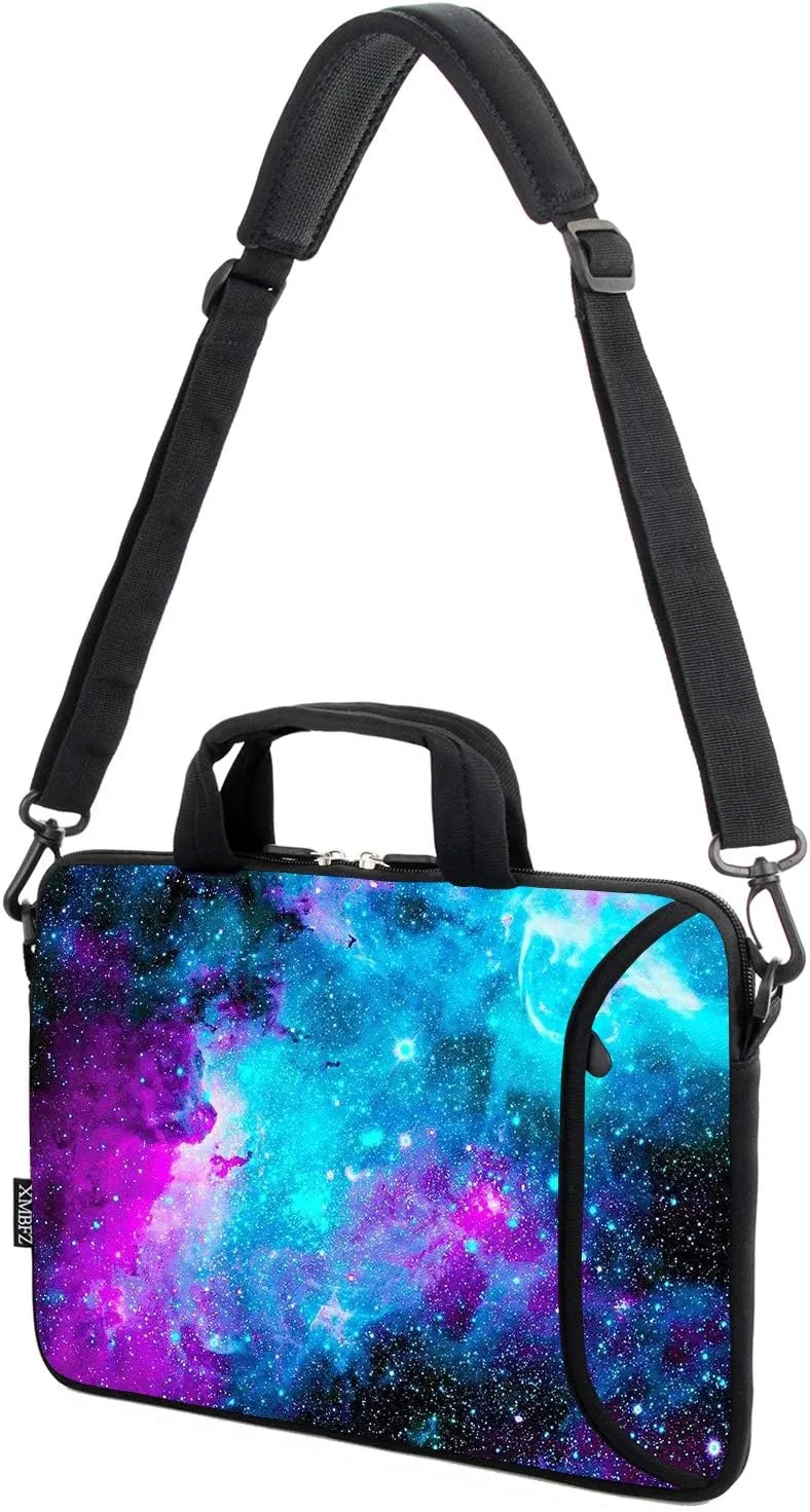 15.6" laptop sleeve chromebook case adjustable shoulder strap with handle accessory pocket (Blue galaxys)