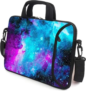 15.6" laptop sleeve chromebook case adjustable shoulder strap with handle accessory pocket (Blue galaxys)