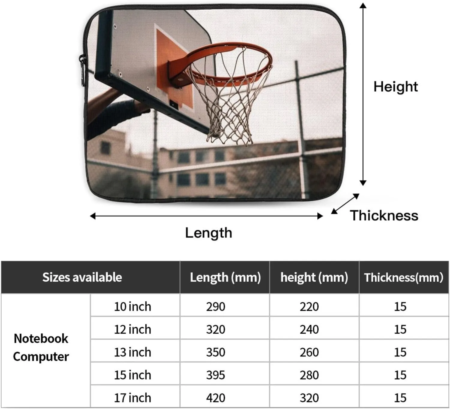 17 Inch Laptop Sleeve Bag Waterproof Shockproof Laptop Case Bag Basketball Shot Computer Skin Bags Lightweight Tablet Carrying Case