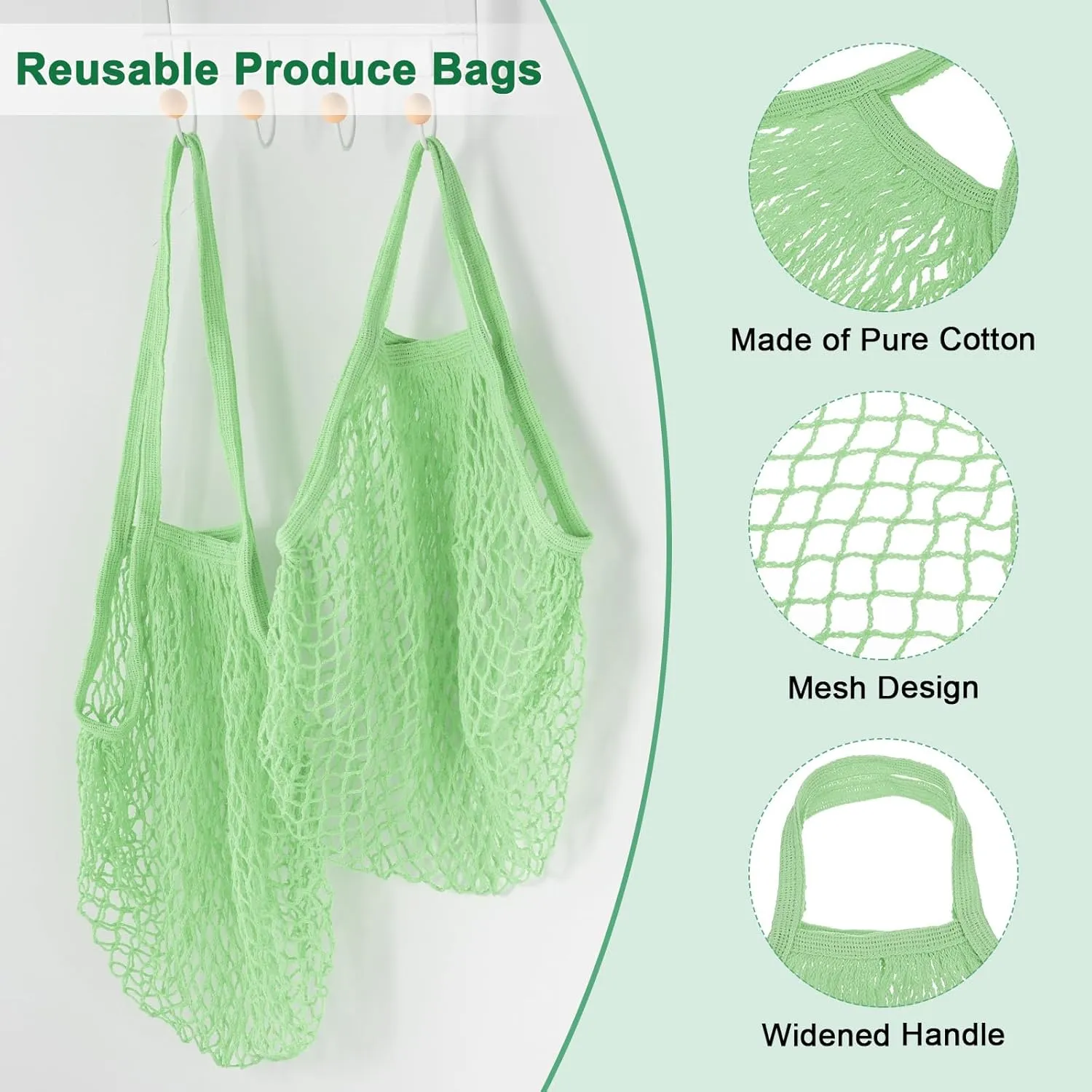 2-Pack Cotton Mesh Bag, Reusable Washable Mesh Net String Grocery Bags, Reusable Produce Bags with Handle, Net Tote Bag for Fruits/Vegetables Shopping [Avocado, Long&Short Handle]