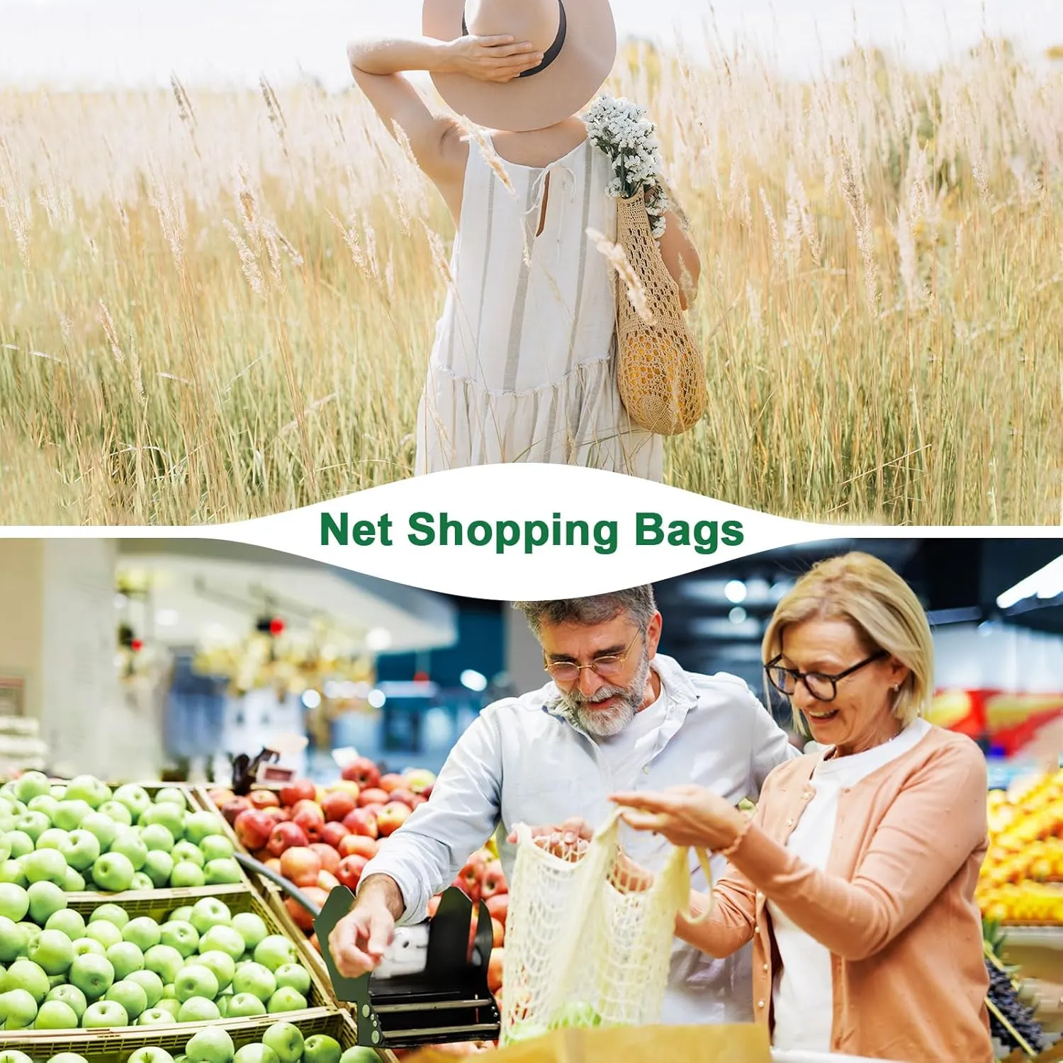 2-Pack Cotton Mesh Bag, Reusable Washable Mesh Net String Grocery Bags, Reusable Produce Bags with Handle, Net Tote Bag for Fruits/Vegetables Shopping [Avocado, Long&Short Handle]