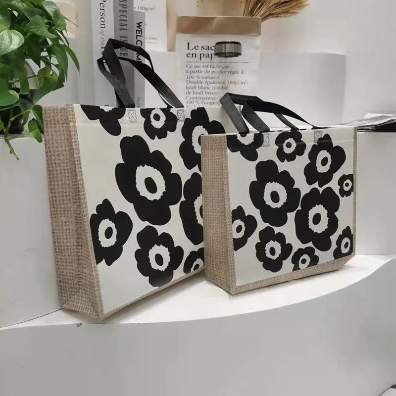25x Fashion Non Woven Tote Bags Reusable Shopping Bags Clothing Store Black Flowers