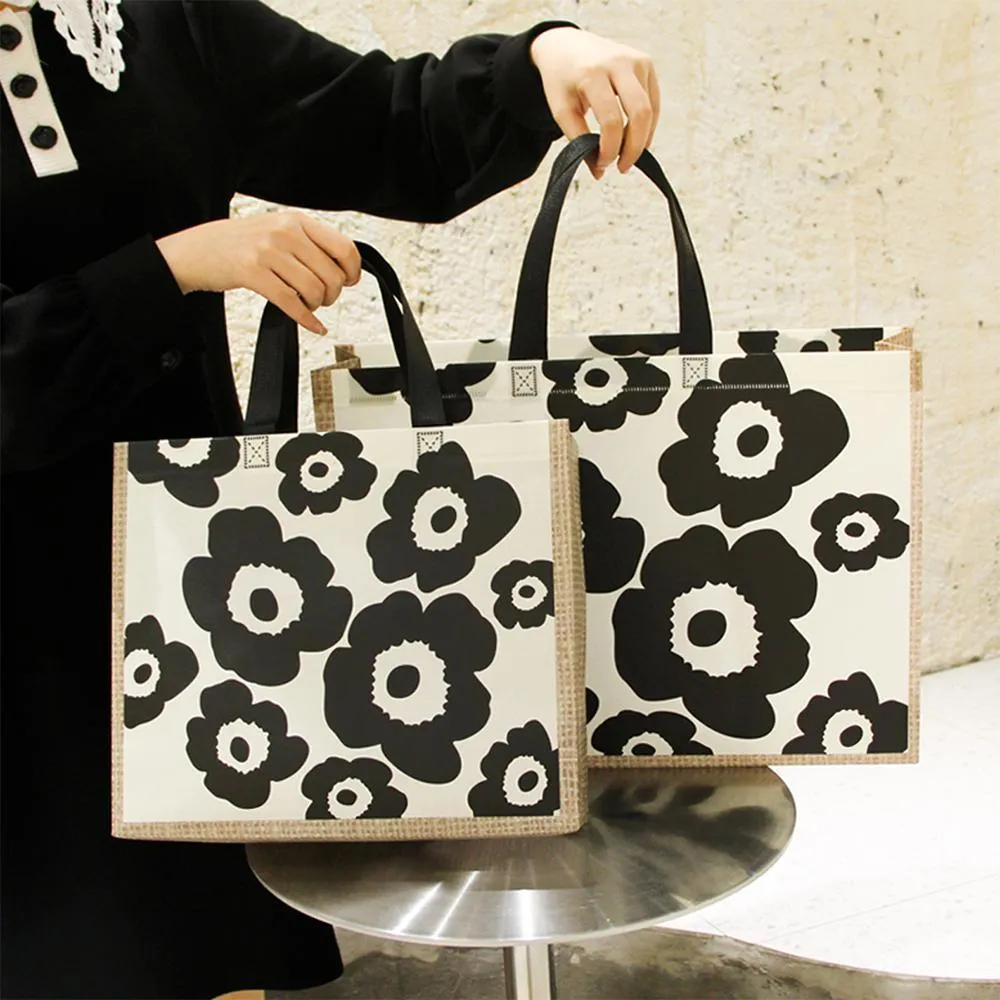 25x Fashion Non Woven Tote Bags Reusable Shopping Bags Clothing Store Black Flowers