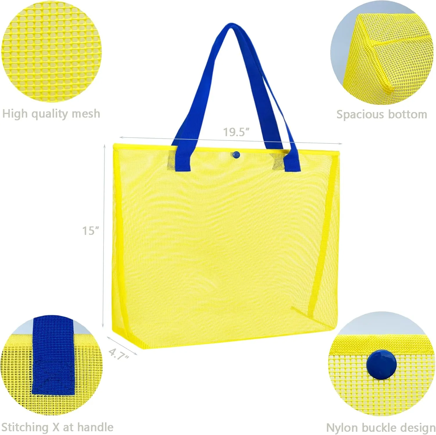 2Pack Large lightweight Simple Mesh Beach Tote Bag With snap Button Reusable Pool Bag for Outdoor Travel Shopping Gym