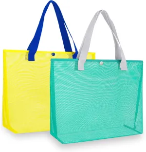 2Pack Large lightweight Simple Mesh Beach Tote Bag With snap Button Reusable Pool Bag for Outdoor Travel Shopping Gym