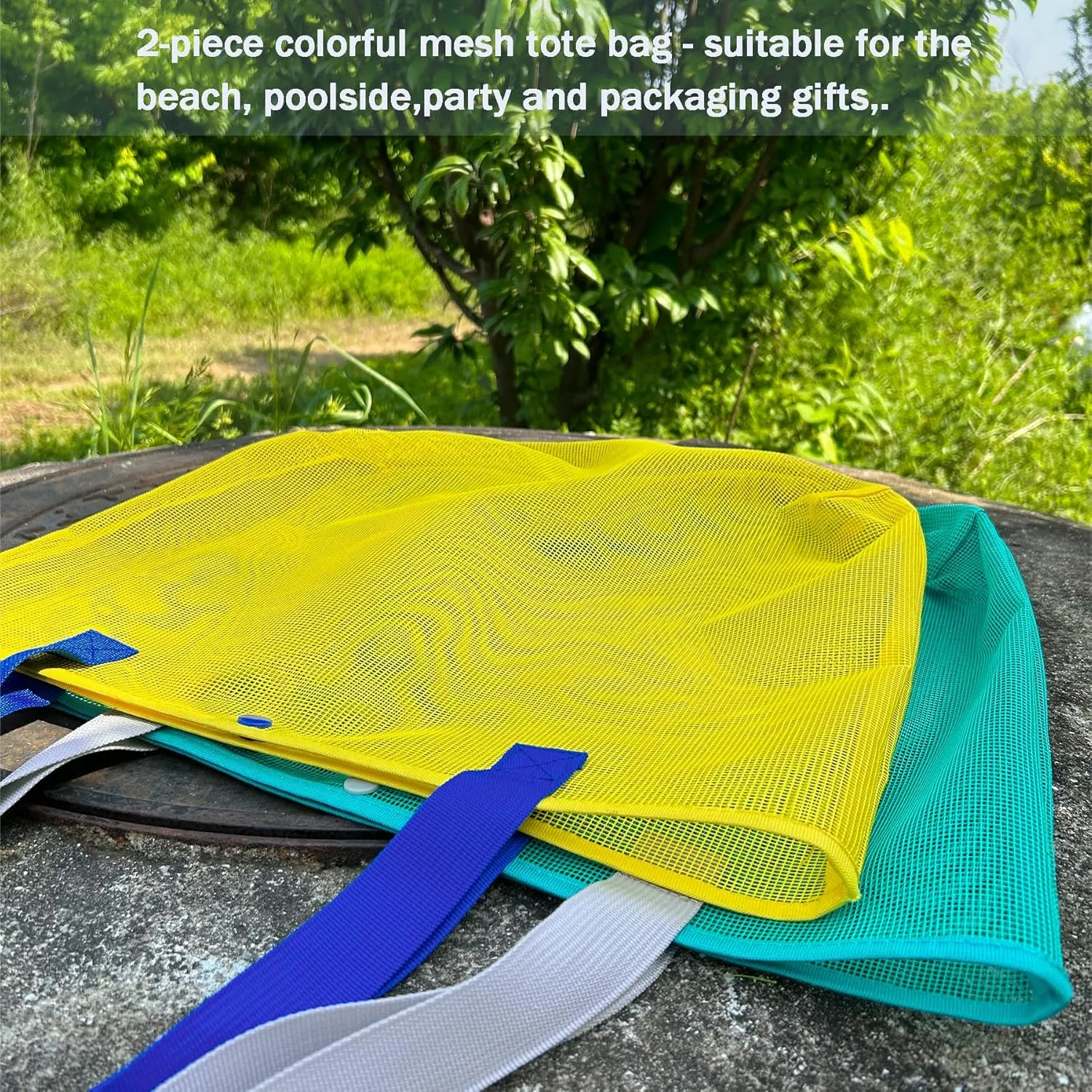 2Pack Large lightweight Simple Mesh Beach Tote Bag With snap Button Reusable Pool Bag for Outdoor Travel Shopping Gym