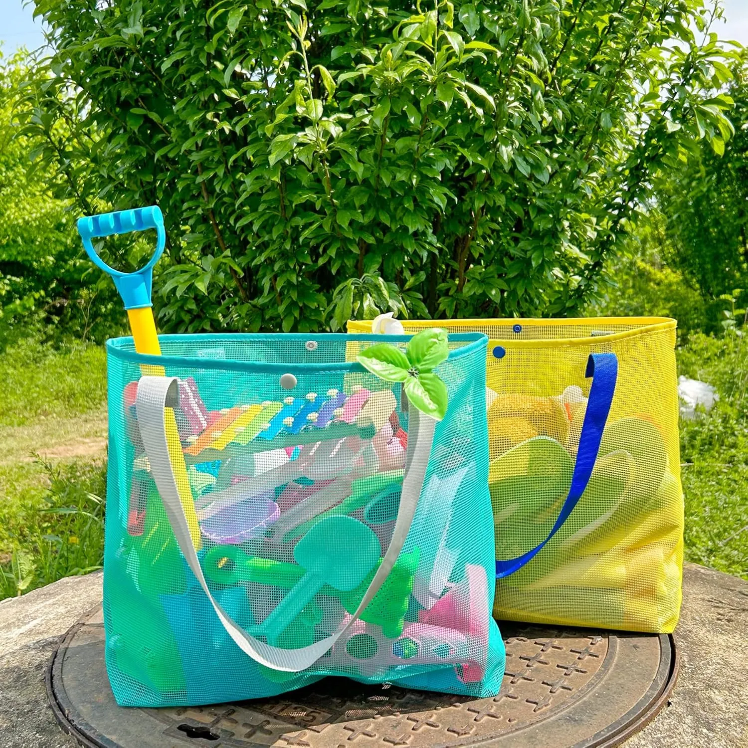 2Pack Large lightweight Simple Mesh Beach Tote Bag With snap Button Reusable Pool Bag for Outdoor Travel Shopping Gym