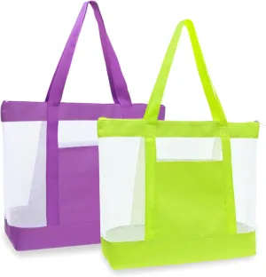 2Pack Lightweight Mesh Tote Bag,Sandproof Beach Bags with Zipper &Double Pocket For Groceries,Poolside,Travel,Towels