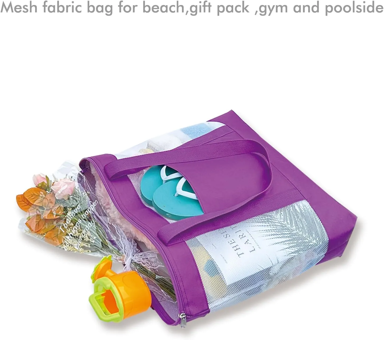 2Pack Lightweight Mesh Tote Bag,Sandproof Beach Bags with Zipper &Double Pocket For Groceries,Poolside,Travel,Towels