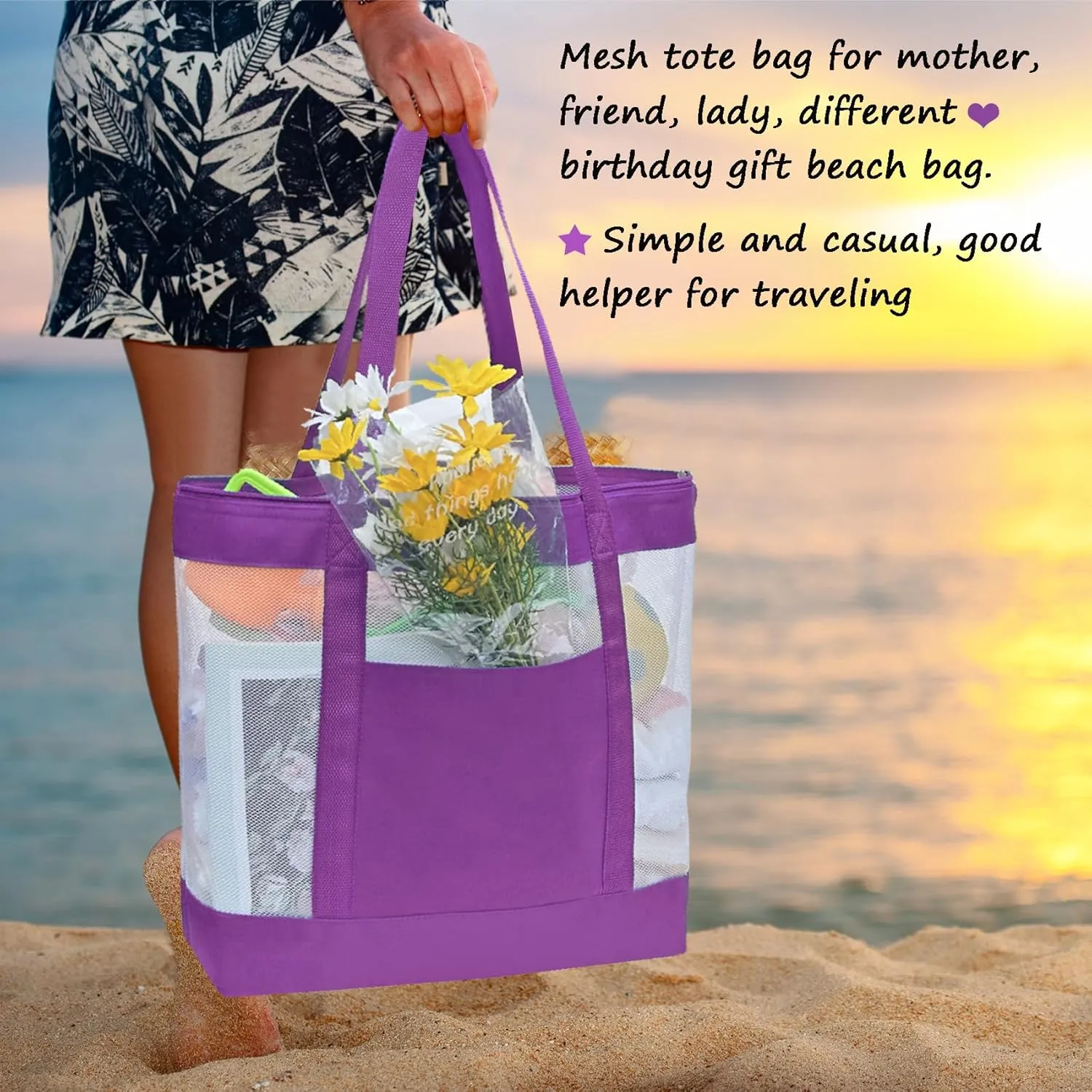 2Pack Lightweight Mesh Tote Bag,Sandproof Beach Bags with Zipper &Double Pocket For Groceries,Poolside,Travel,Towels