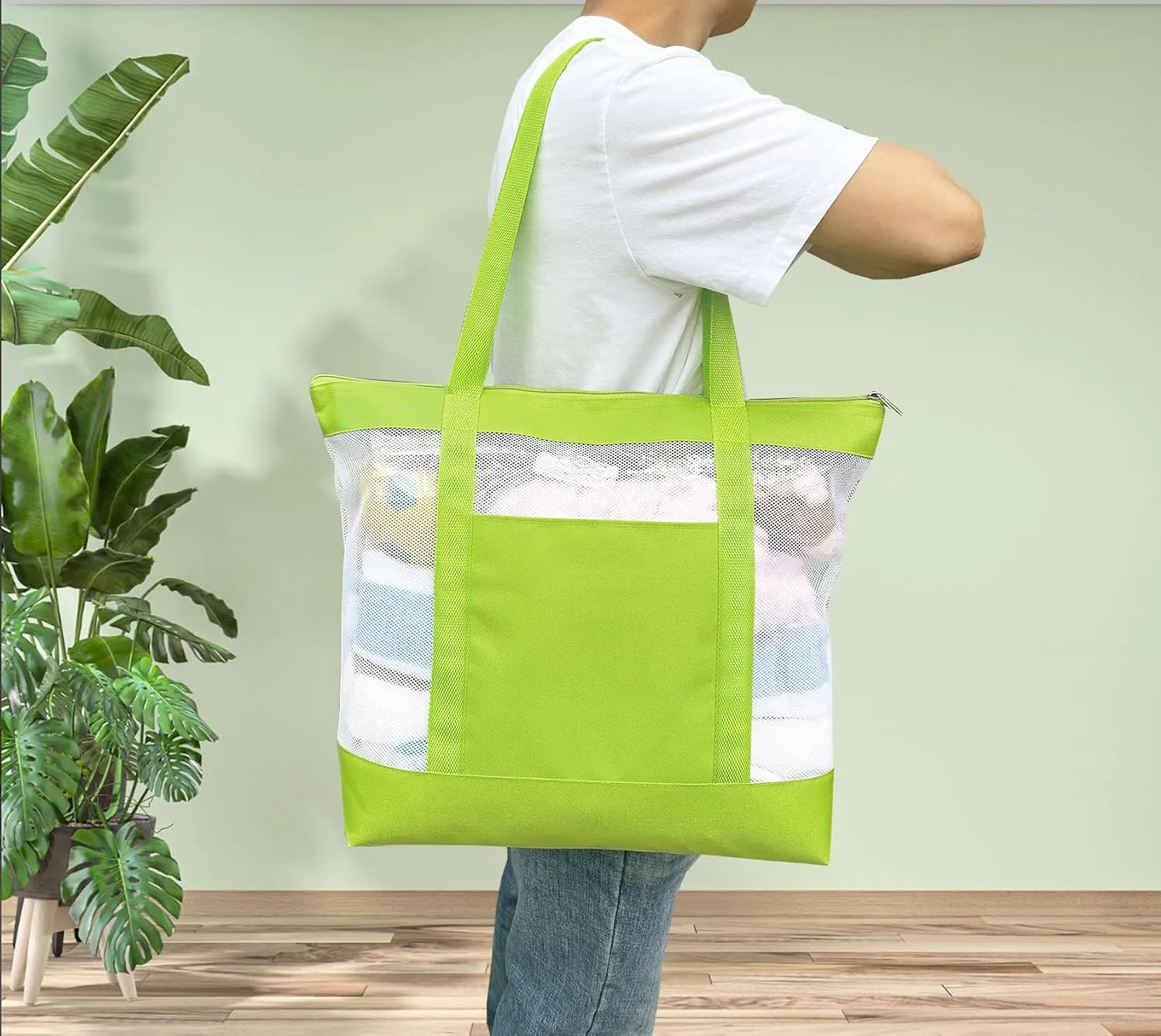 2Pack Lightweight Mesh Tote Bag,Sandproof Beach Bags with Zipper &Double Pocket For Groceries,Poolside,Travel,Towels