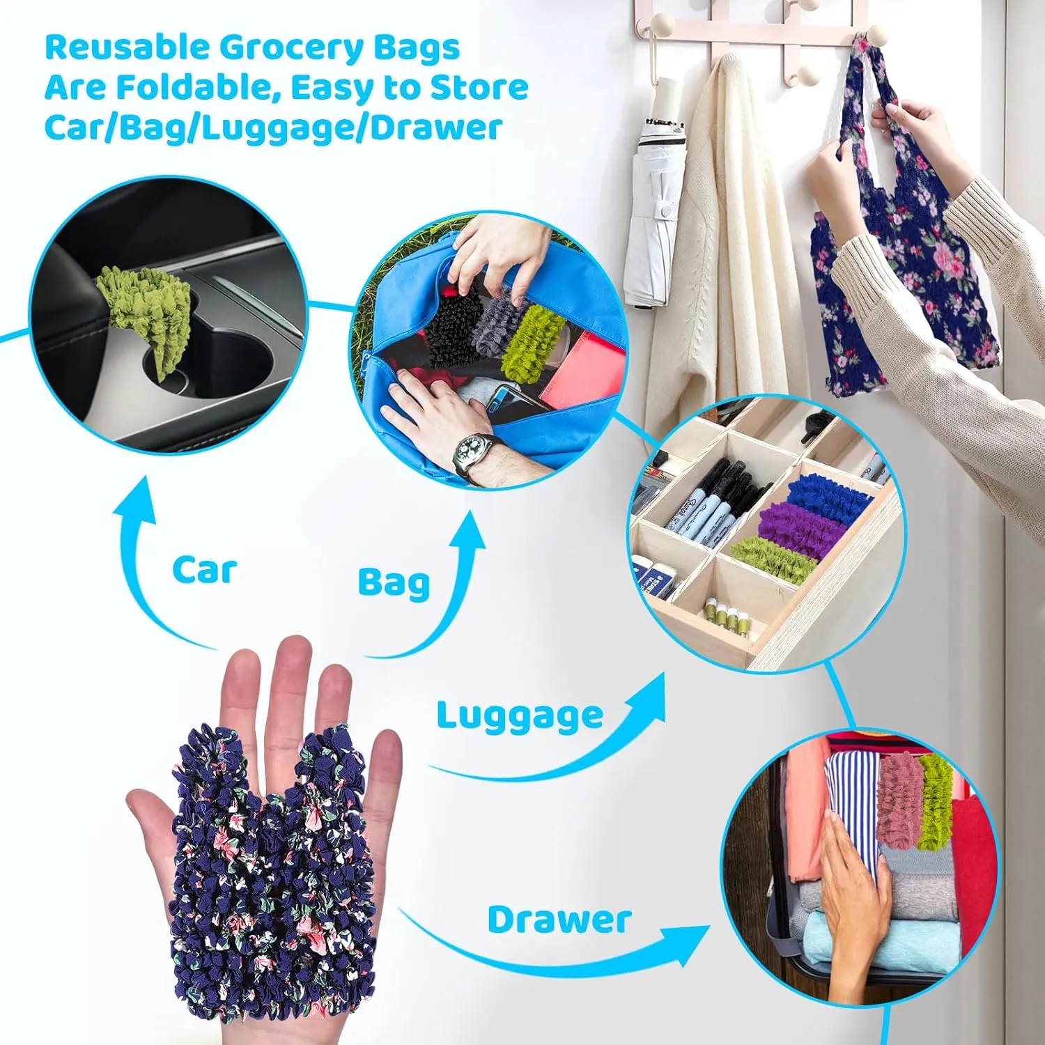 2Pcs Expandable Shopping Bags for Grocery, Foldable Reusable Groceries Bags for Shopping, Portable Magic Stretch Pleated Tote Bags for Travel (2Pcs-E)