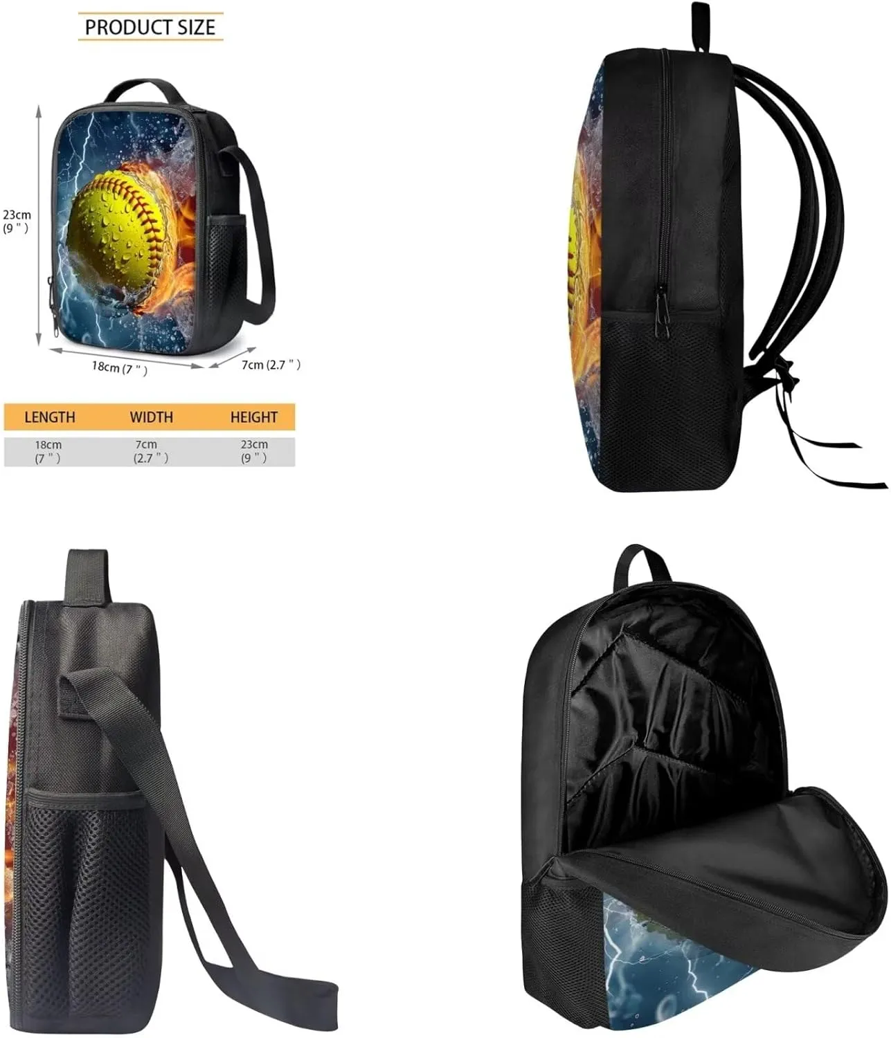 3 Pcs Kids Backpack Sets, Water Fire Softball Print Lightweight Backpack and Lunch Box Set for Students, Large 17 Inch Bookbag Pencil Box for Child Teens Boys