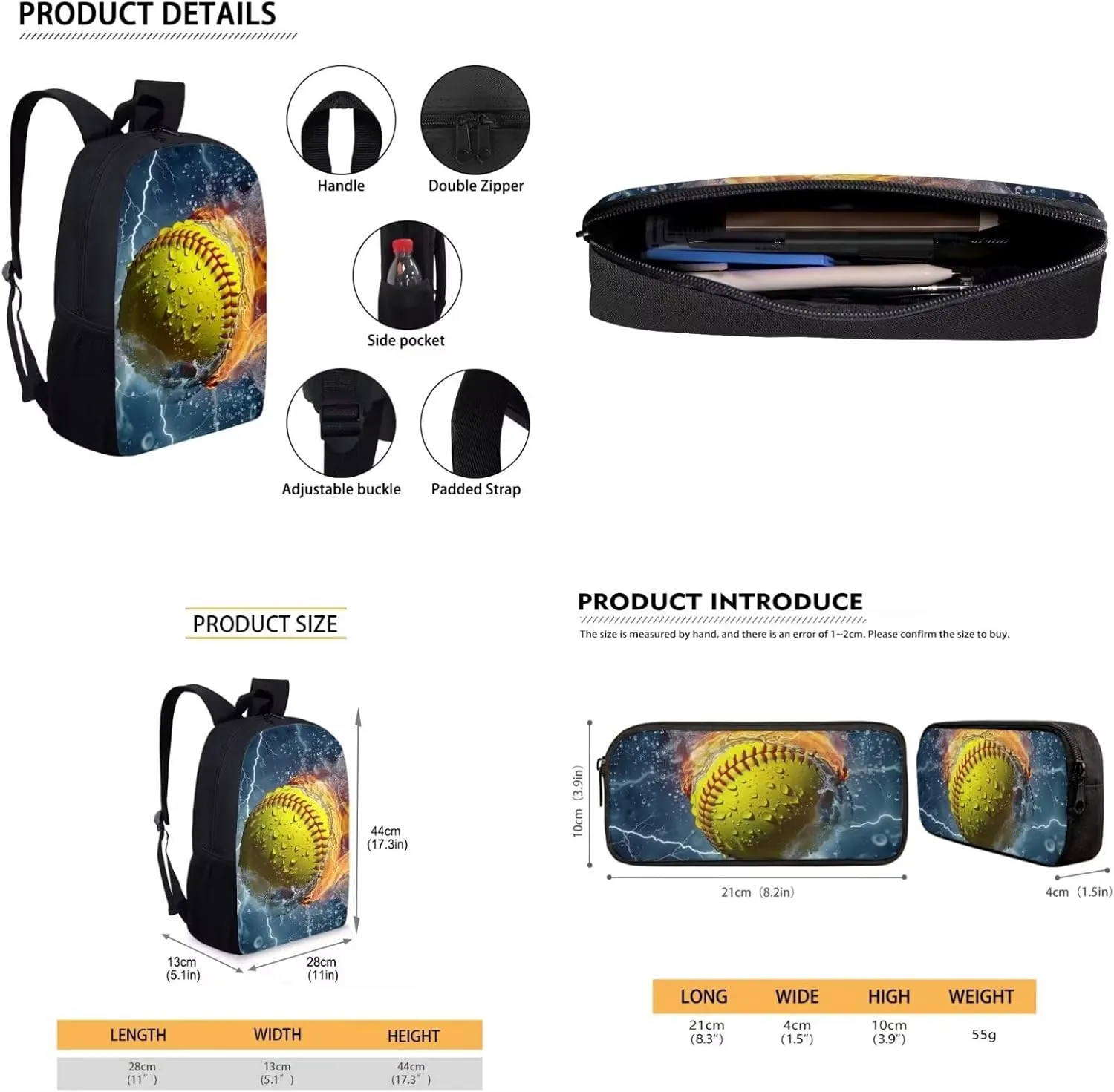 3 Pcs Kids Backpack Sets, Water Fire Softball Print Lightweight Backpack and Lunch Box Set for Students, Large 17 Inch Bookbag Pencil Box for Child Teens Boys