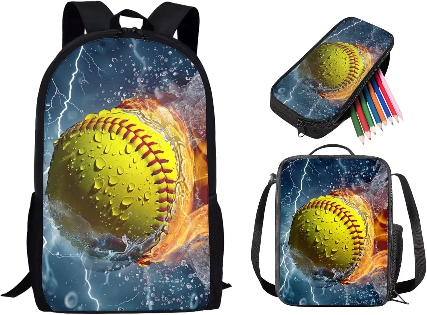 3 Pcs Kids Backpack Sets, Water Fire Softball Print Lightweight Backpack and Lunch Box Set for Students, Large 17 Inch Bookbag Pencil Box for Child Teens Boys
