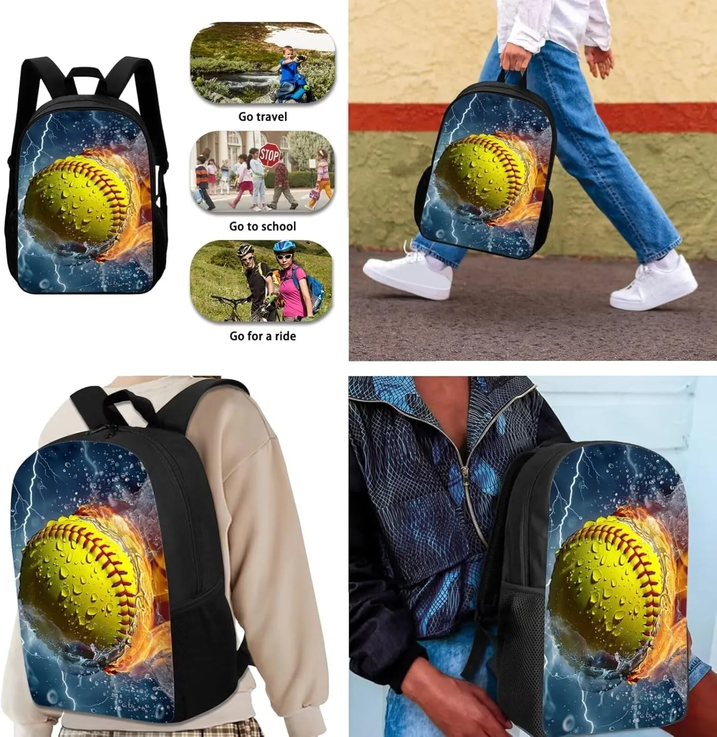 3 Pcs Kids Backpack Sets, Water Fire Softball Print Lightweight Backpack and Lunch Box Set for Students, Large 17 Inch Bookbag Pencil Box for Child Teens Boys