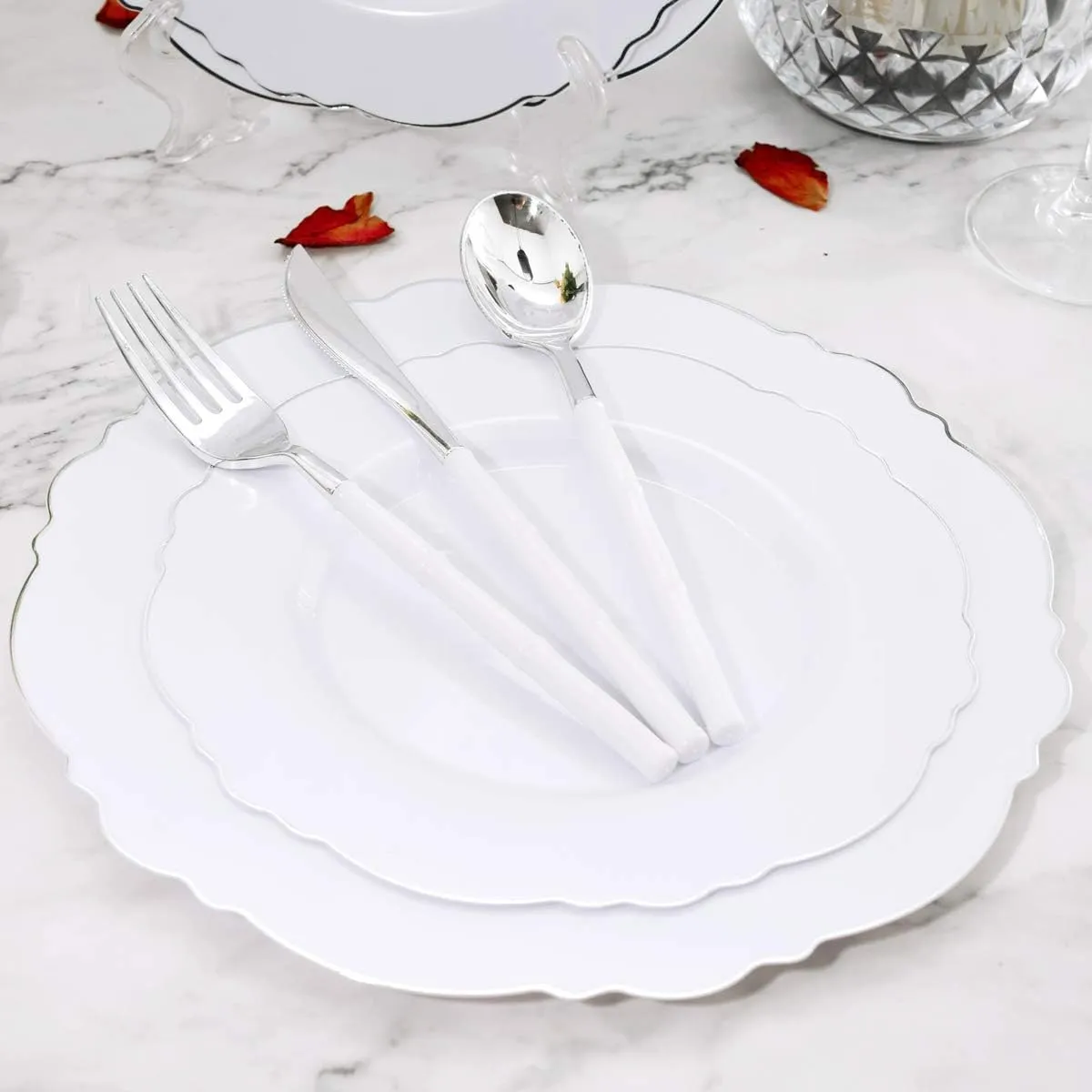 350Pcs Silver Christmas Plastic Plates with Disposable Silverware and Cups, include: 50 Dinner Plates 10.25”, 50 Dessert Plates 7.5”, 50 Silver Rim Cups 9 OZ, 50 Pre Rolled Napkins